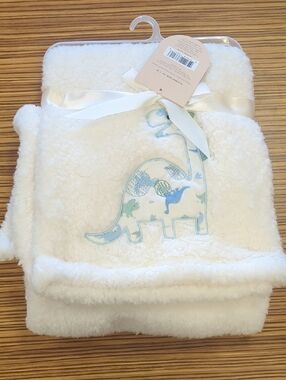 White Plush Baby Blanket with Blue Dino Accent